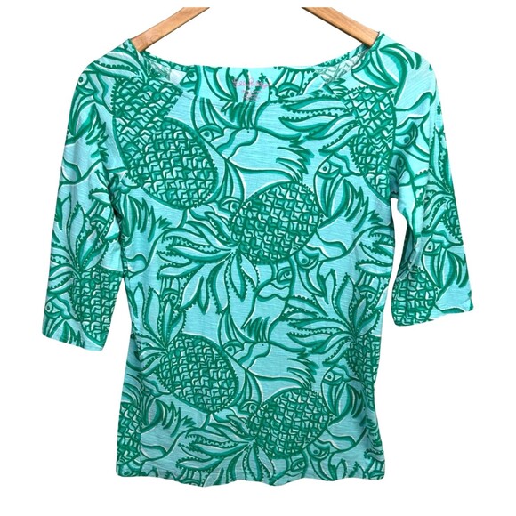 Lilly Pulitzer Top Shirt Tee M Green TOUCAN TANGO Boatneck 3/4 Sleeves - Picture 3 of 14